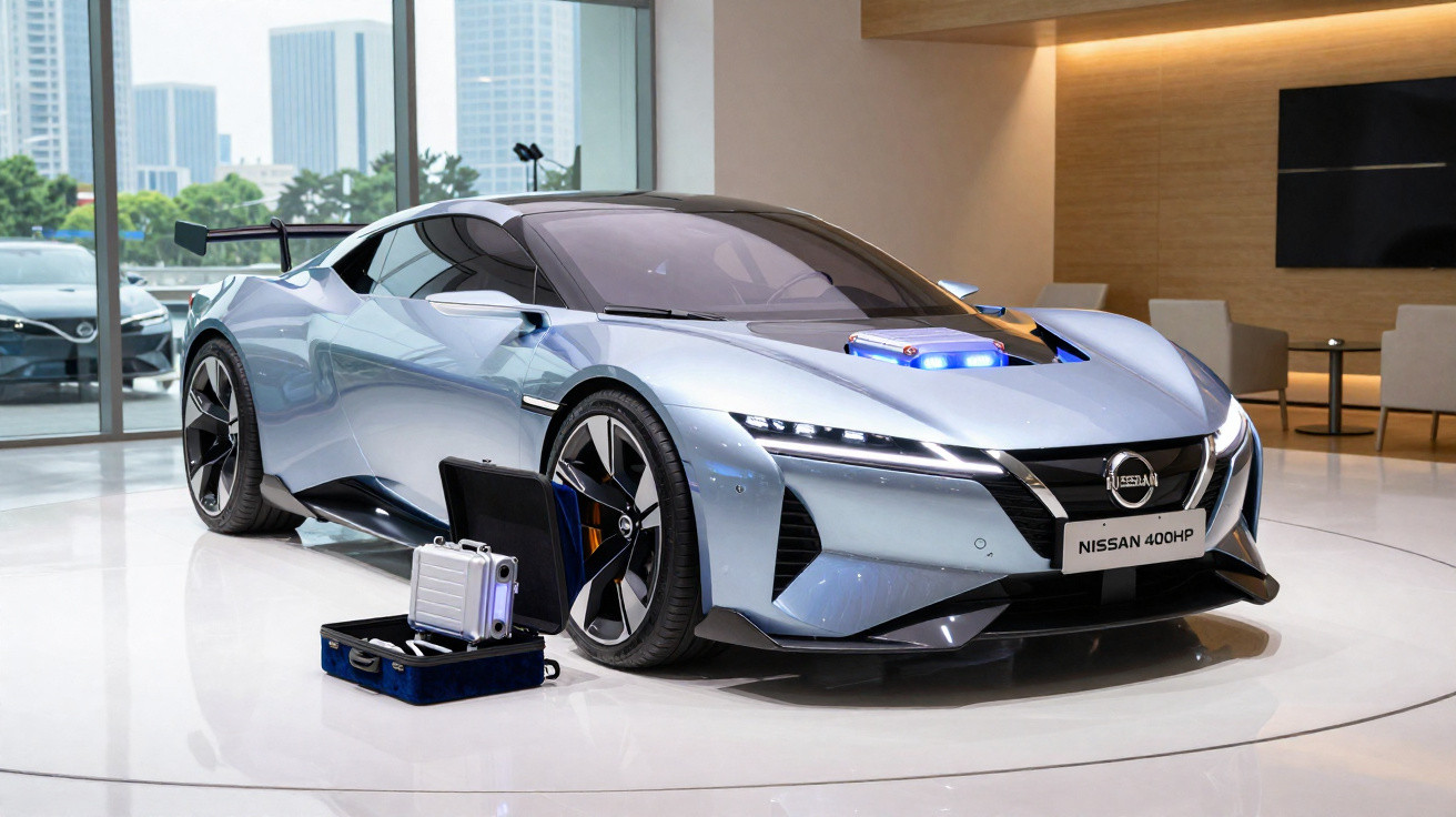 Carro esportivo Nissan 400HP azul metálico em exposição interna com maletas abertas ao lado.