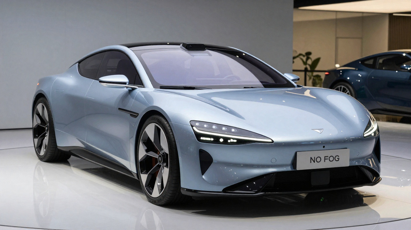 Carro esportivo elétrico prata com design futurista em exibição interna com placa "NO FOG".