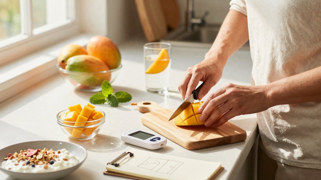 Pessoa cortando manga em cubos na cozinha com tigela de iogurte, copo de água, frutas e bloco de notas.
