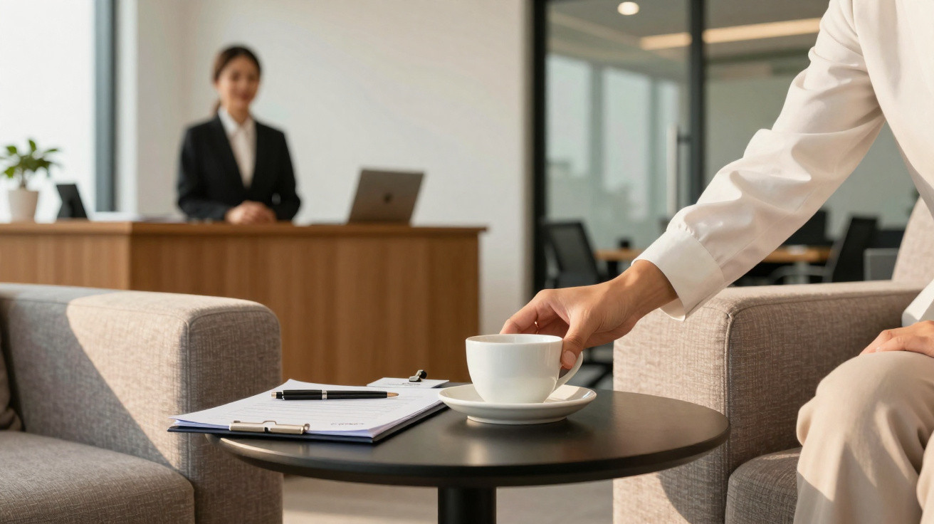 Pessoa em sala de espera pegando uma xícara de café, com recepcionista ao fundo em ambiente corporativo.