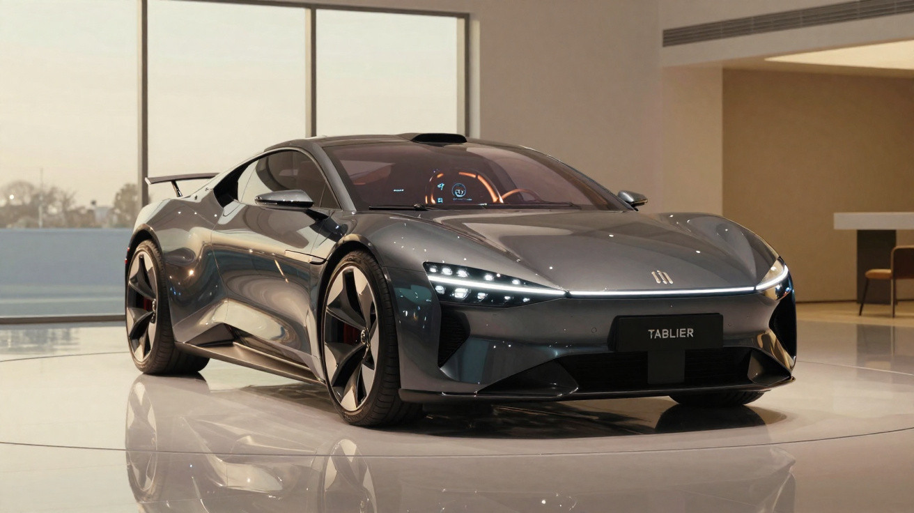 Carro esportivo elétrico cinza metálico, moderno, exibido em ambiente interno com iluminação suave.
