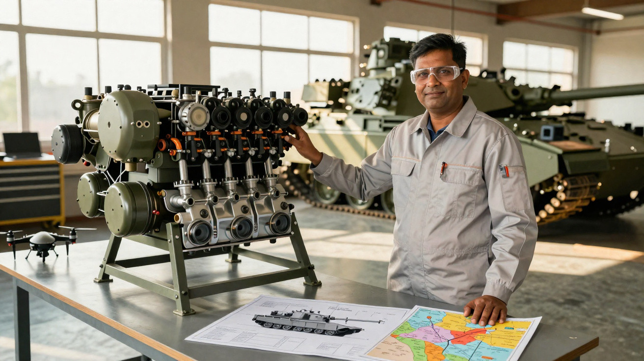 Engenheiro em óculos de proteção ao lado de motor militar e mapas em mesa dentro de oficina.
