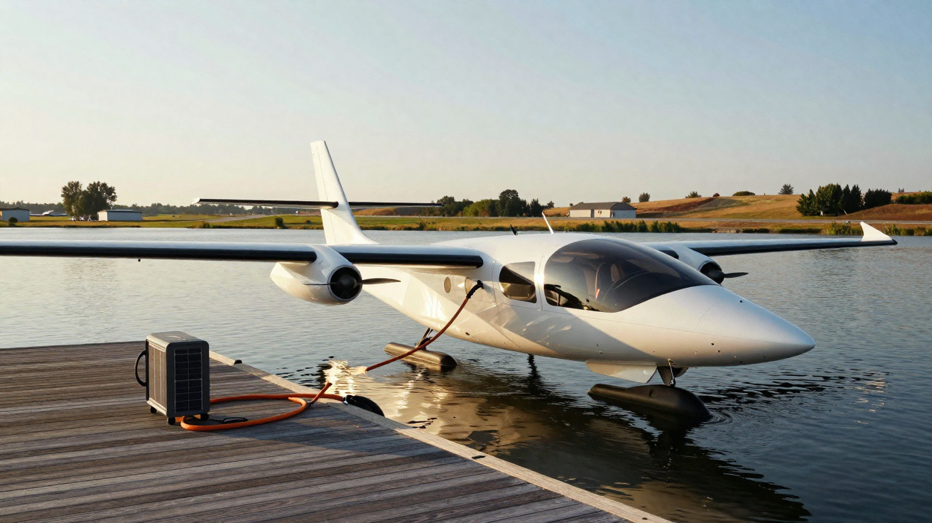 Aeronave elétrica branca atracada em píer de madeira sobre lago calmo ao entardecer.