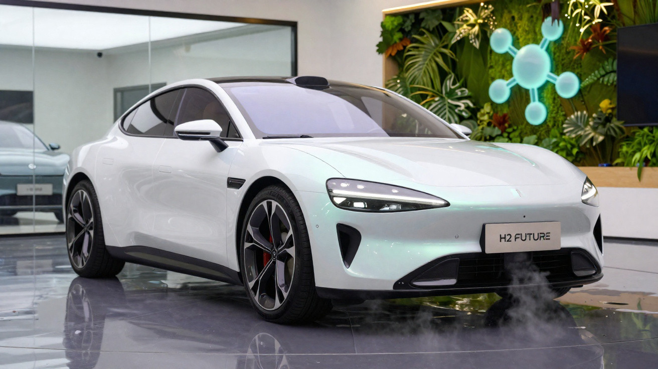 Carro elétrico branco H2 Future em destaque, com design moderno e ambiente interno iluminado.