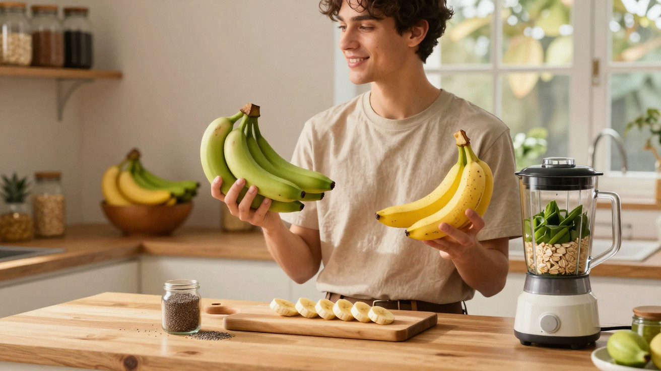 Jovem sorridente segurando bananas verdes e maduras na cozinha com liquidificador e frutas na bancada.