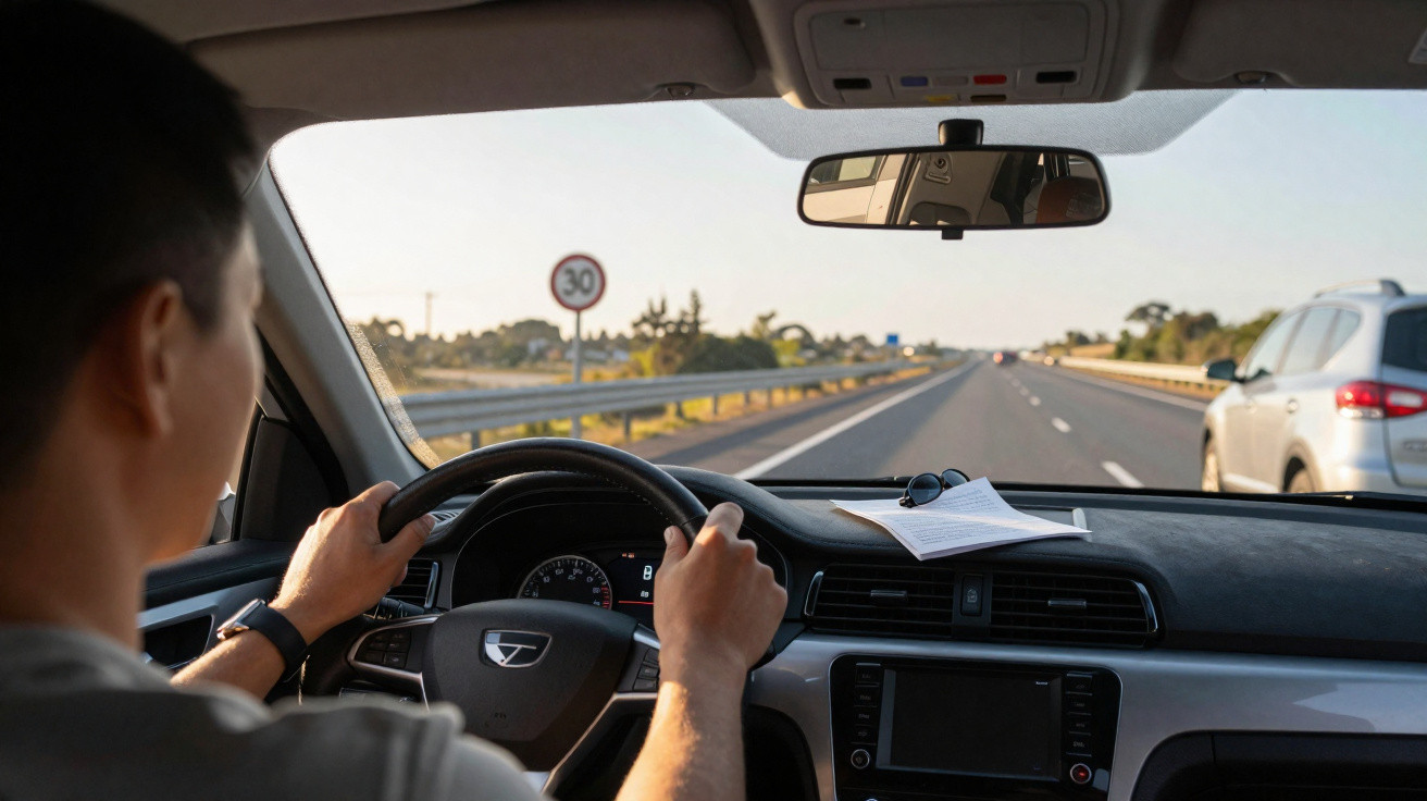 Pessoa dirigindo carro em estrada com placa de velocidade máxima de 30 km/h ao fundo.