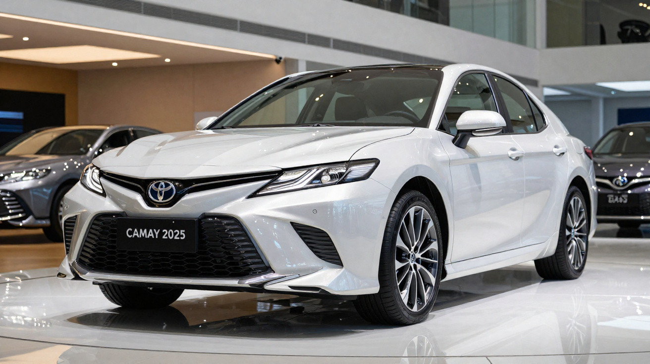 Carro branco Toyota Camry 2025 exposto em showroom moderno com iluminação intensa e outros veículos ao fundo.