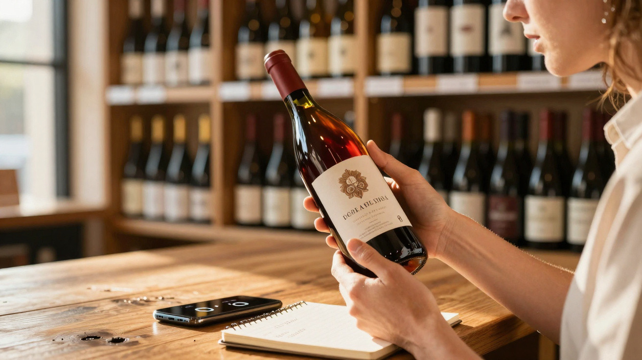 Pessoa segurando uma garrafa de vinho tinto com prateleiras de vinhos ao fundo, smartphone e caderno sobre a mesa.