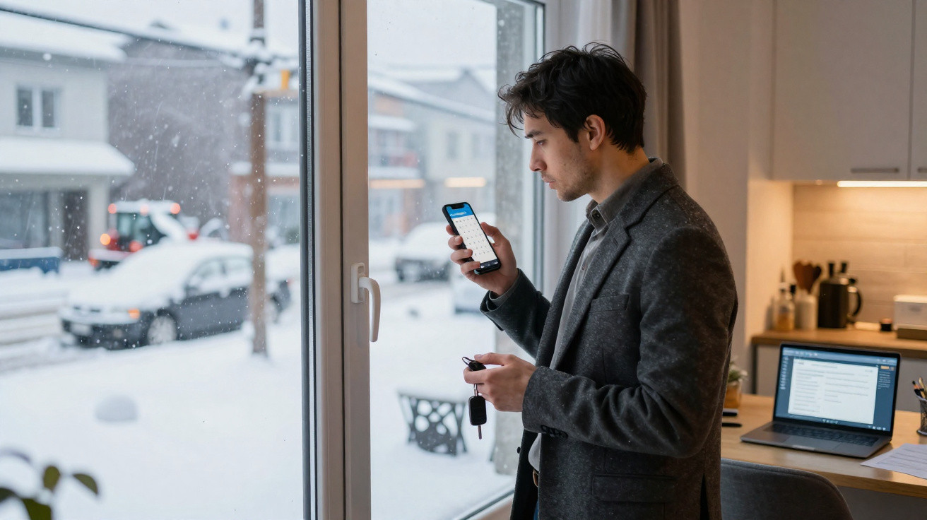 Homem em ambiente interno, próximo à janela com neve do lado de fora, olhando para celular e segurando chaves.
