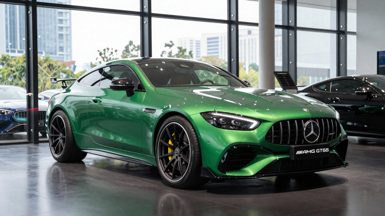 Carro esportivo verde Mercedes-AMG GT 63 estacionado em showroom com grandes janelas de vidro.