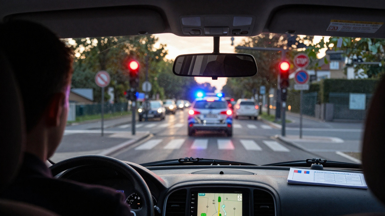 Motorista seguindo viatura policial com luzes piscando em semáforo vermelho na cidade ao entardecer.