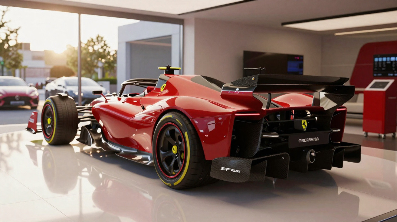Carro de Fórmula 1 Ferrari SF23 vermelho em showroom moderno com luz natural.