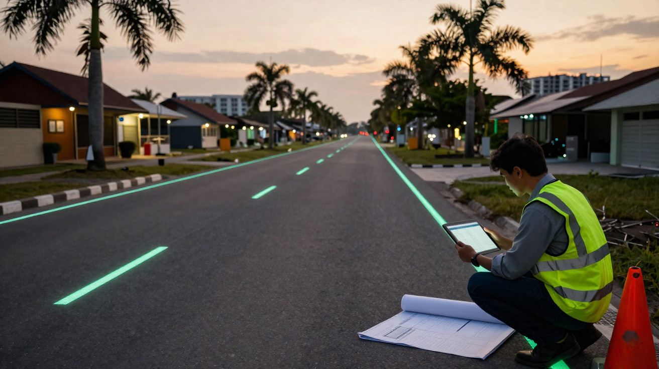 Homem com colete amarelo em rua ao entardecer, observando tablet e plantas urbanas ao lado de faixa luminosa.