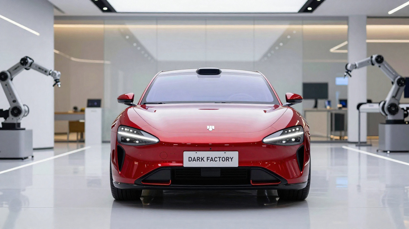 Carro esportivo vermelho com placa Dark Factory em ambiente moderno com braços robóticos ao fundo.