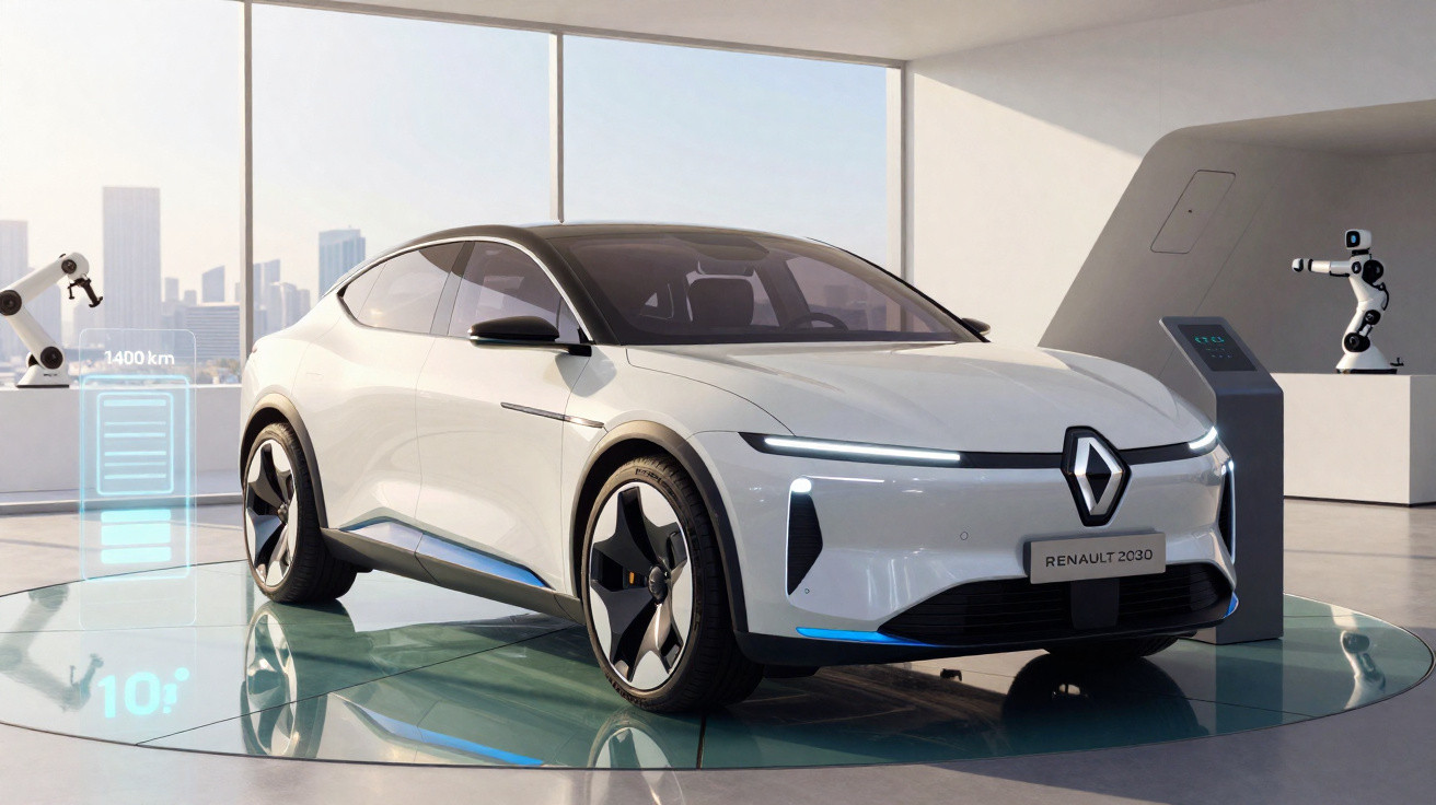 Carro elétrico branco Renault 2030 exibido em showroom moderno com robôs ao fundo e interface digital holográfica.