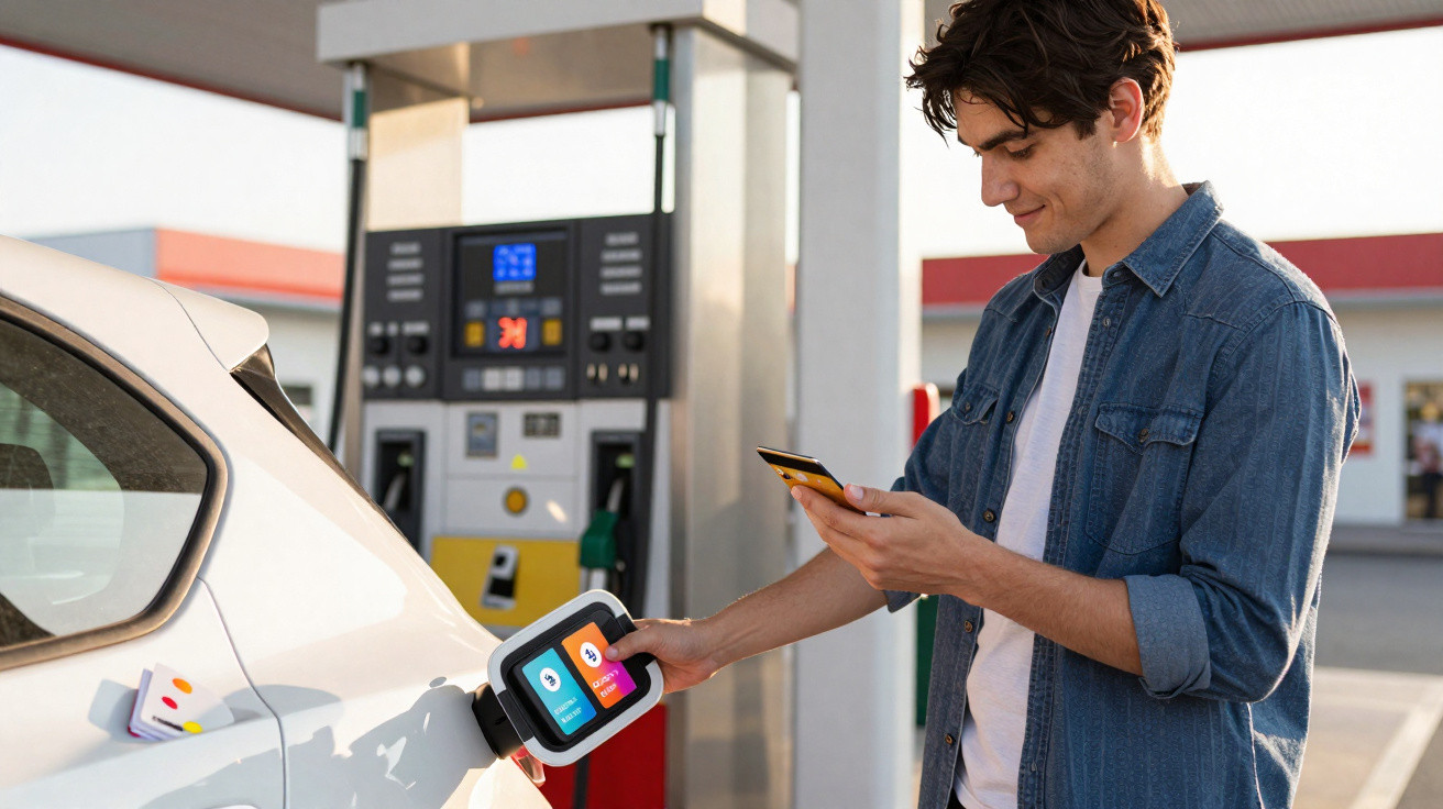 Homem usando smartphone para abastecer carro elétrico em posto de recarga ao ar livre.