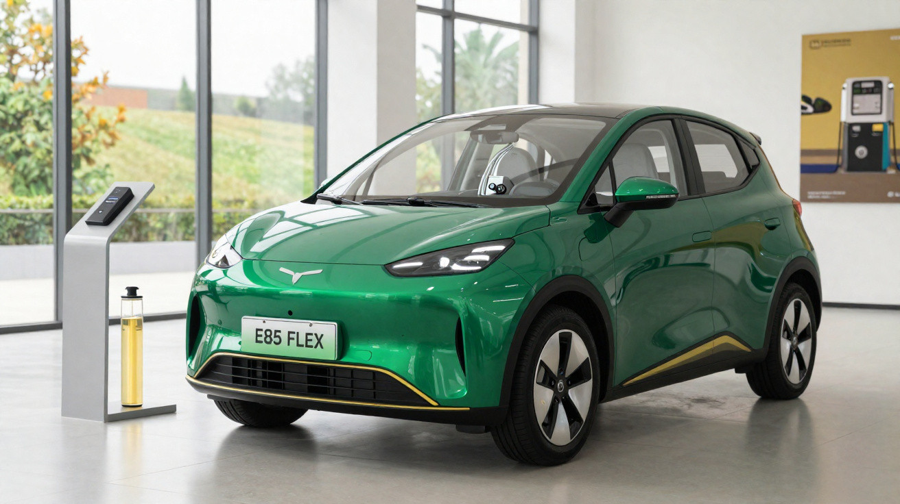 Carro elétrico verde com placa E85 FLEX exposto em ambiente interno moderno e iluminado.