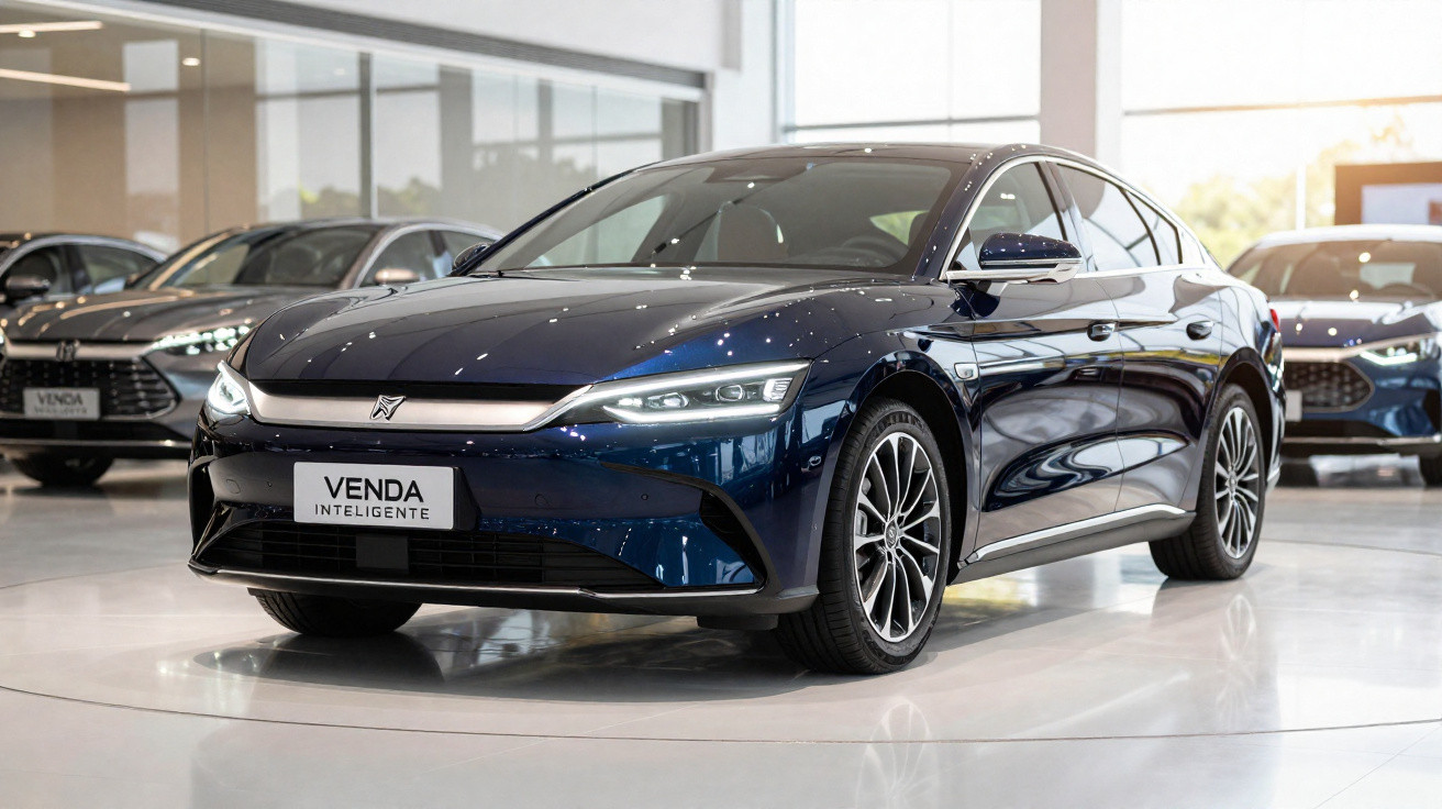 Carro sedan moderno azul em showroom com placa escrita "Venda Inteligente" em destaque.