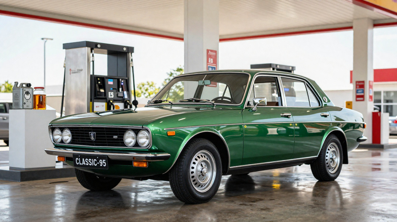 Carro sedan verde clássico estacionado em posto de gasolina com bomba ao fundo.