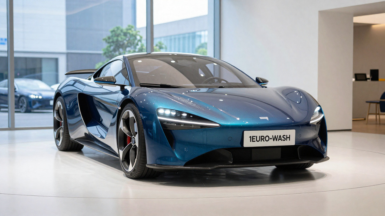 Carro esportivo azul metálico exibido em showroom moderno com piso branco e grandes janelas de vidro.