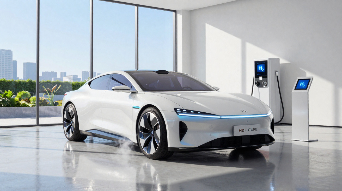 Carro elétrico branco futurista estacionado próximo a estação de reabastecimento de hidrogênio dentro de garagem moderna.