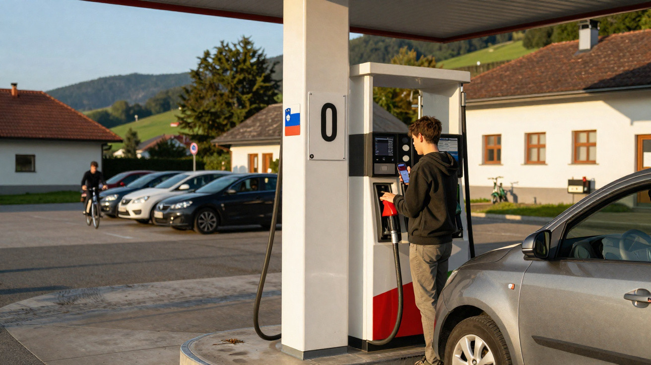 Homem usa celular enquanto abastece carro cinza em posto de gasolina com casas ao fundo ao entardecer.