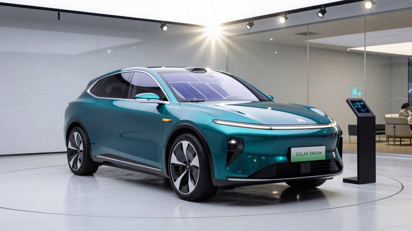 Carro elétrico azul com painel solar no teto exposto em ambiente moderno e iluminado.