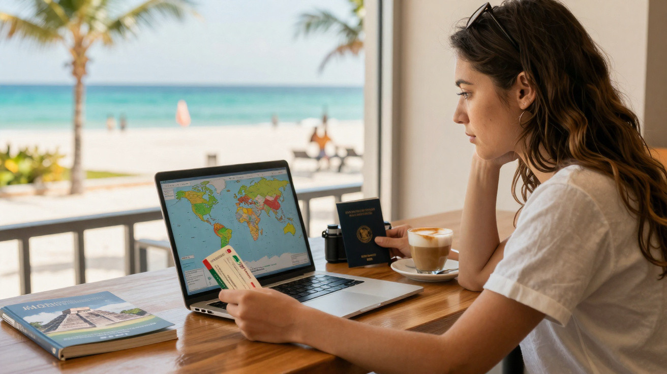 Mulher em mesa com passaporte, cartão e laptop com mapa-múndi, planejando viagem na praia.