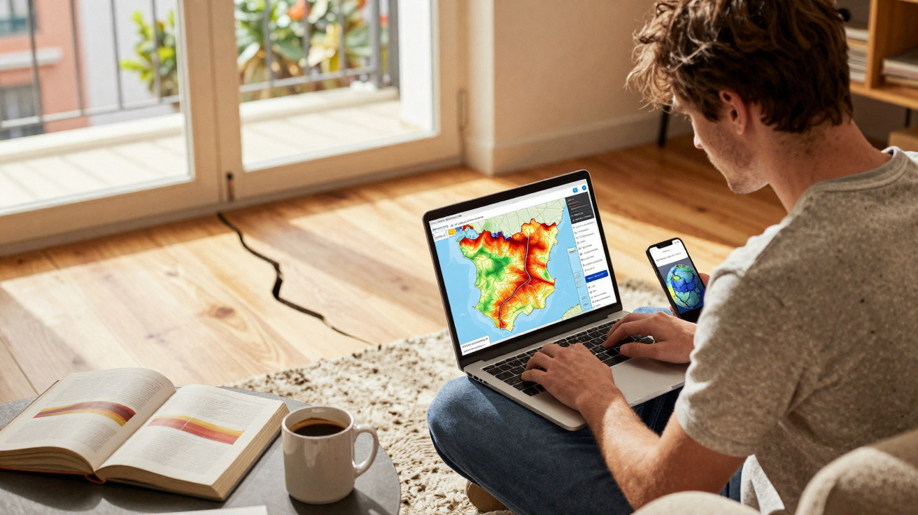 Homem sentado no chão usando laptop com mapa topográfico, ao lado livro aberto e xícara de café.