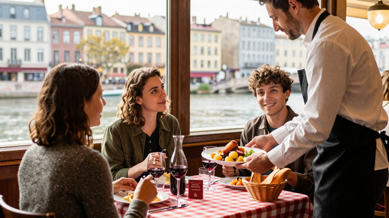 Garçom servindo prato com batatas e carne para três pessoas em restaurante à beira de um canal.