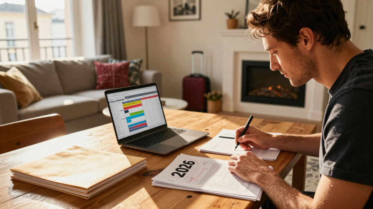 Homem sentado à mesa estudando um calendário de 2026 e usando um laptop em uma sala aconchegante.
