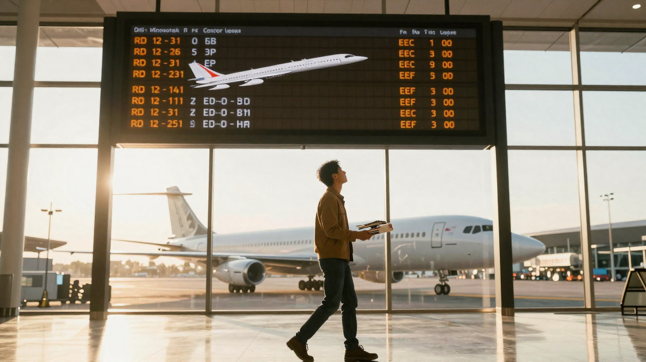 Homem caminhando no aeroporto com painel de voos e avião estacionado ao fundo.