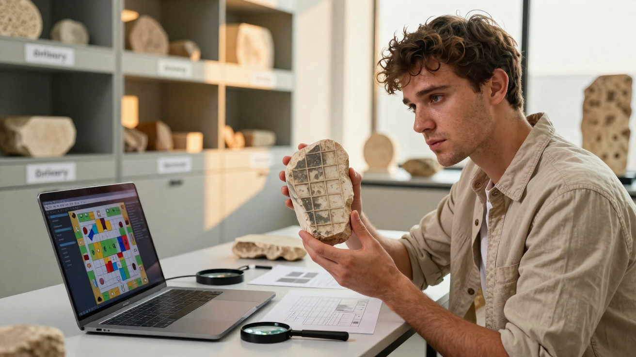 Jovem arqueólogo analisa fragmento de fósseis em laboratório com laptop e lupa na mesa.