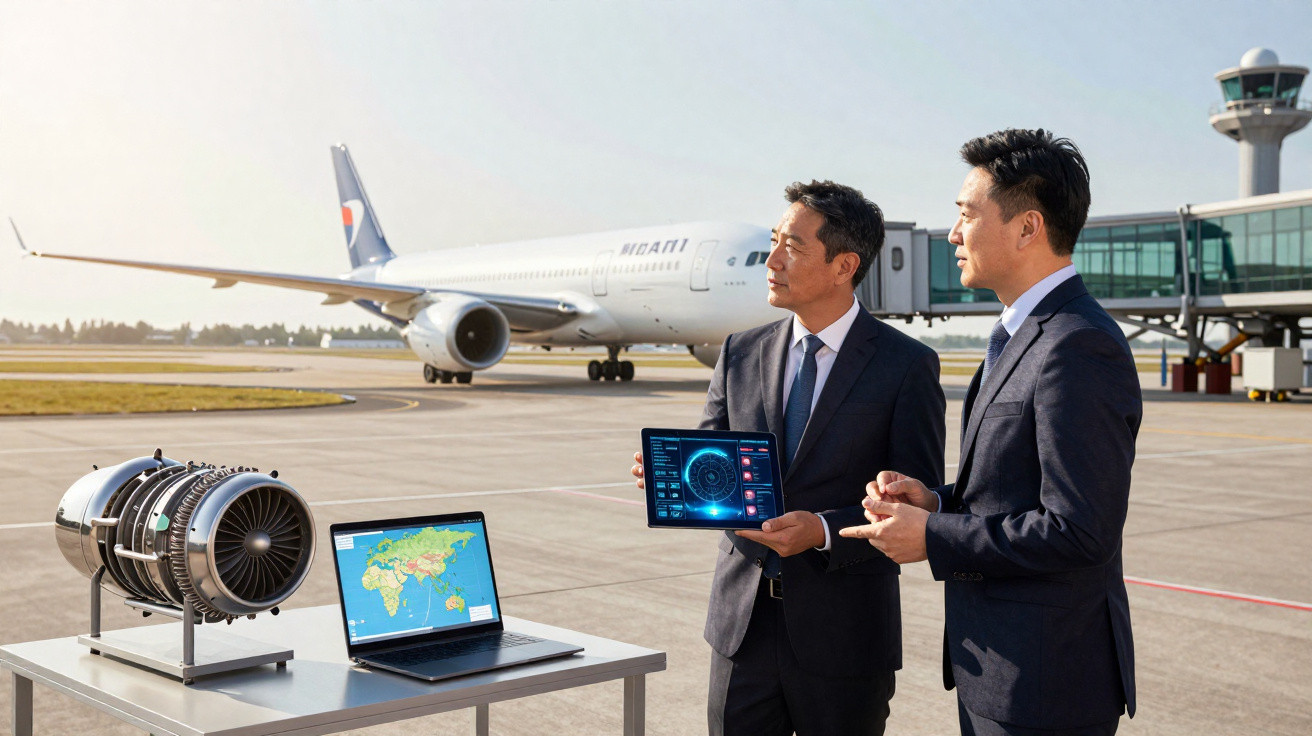 Dois homens em terno com tablet próximo a motor de avião e laptop no aeroporto com avião ao fundo.