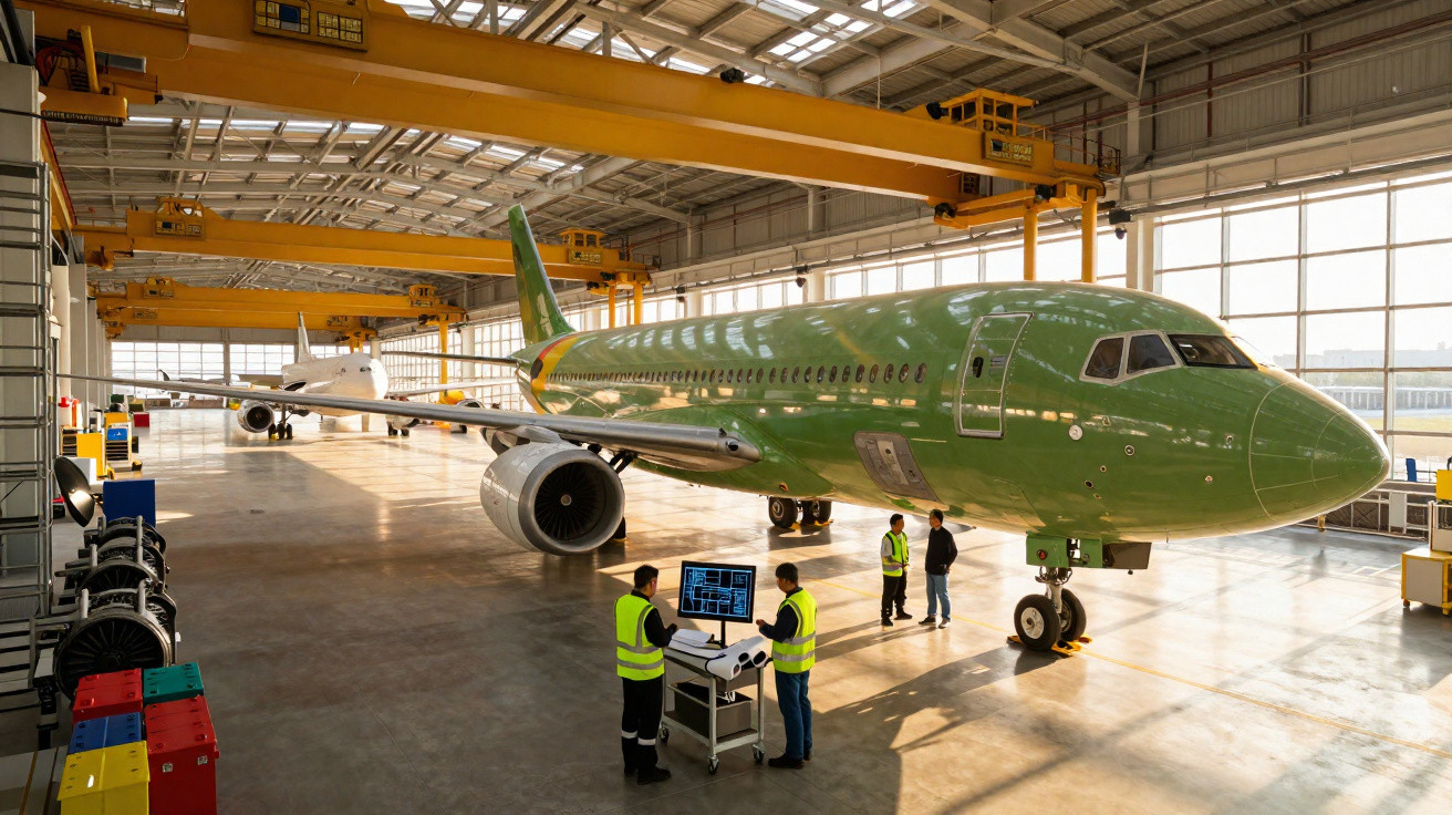 Avião verde em hangar com quatro técnicos em coletes discutindo dados em computador móvel.