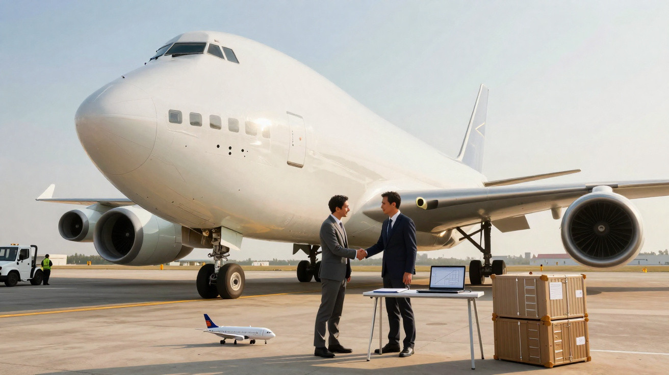 Dois homens de terno apertam as mãos em frente a um grande avião branco estacionado no aeroporto.