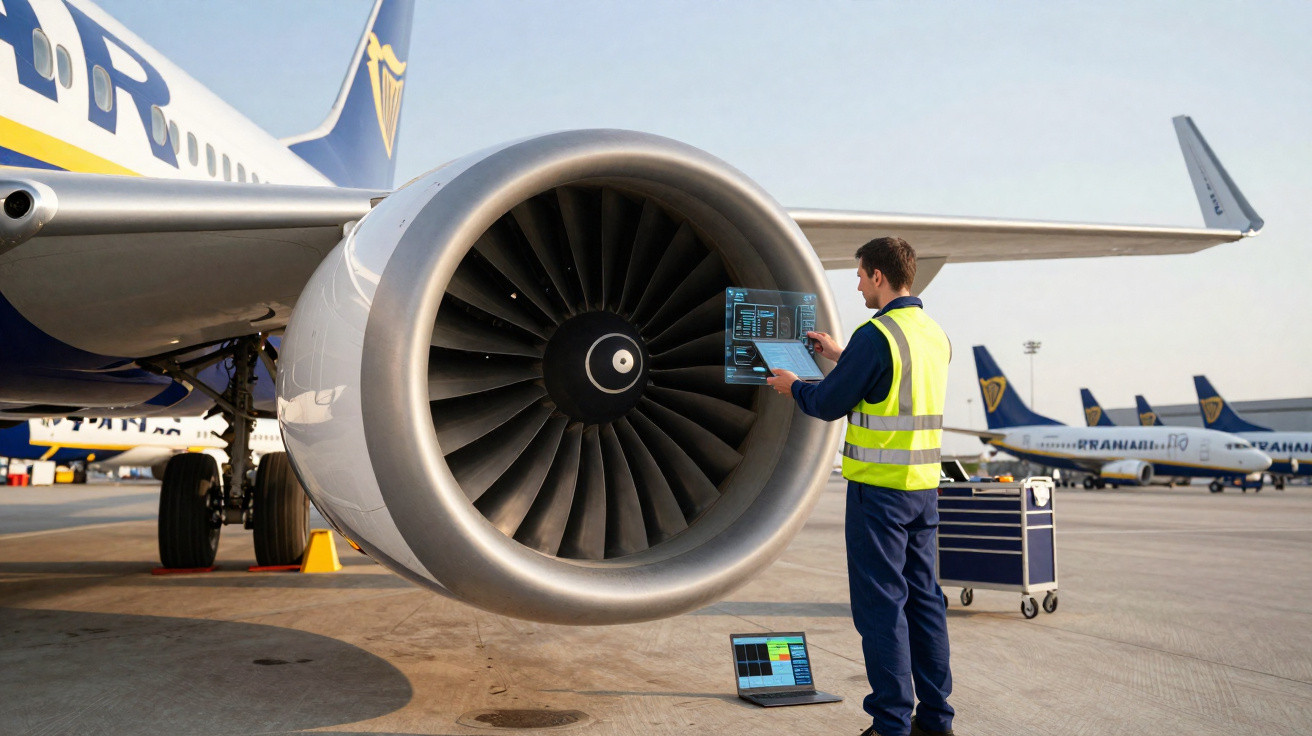 Técnico inspecionando motor de turbina de avião com tablet e laptop no aeroporto ao ar livre.