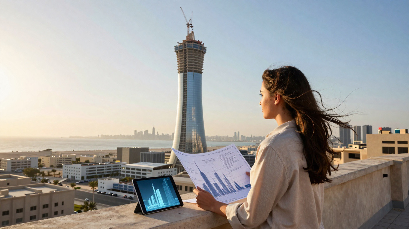 Mulher observando arranha-céu em construção segurando planta no terraço com tablet exibindo gráficos.