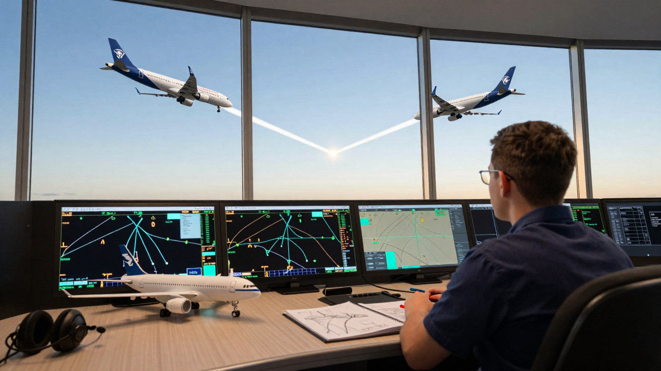 Controlador aéreo em torre monitora aviões da Aeroméxico decolando, com telas e modelo de avião à frente.