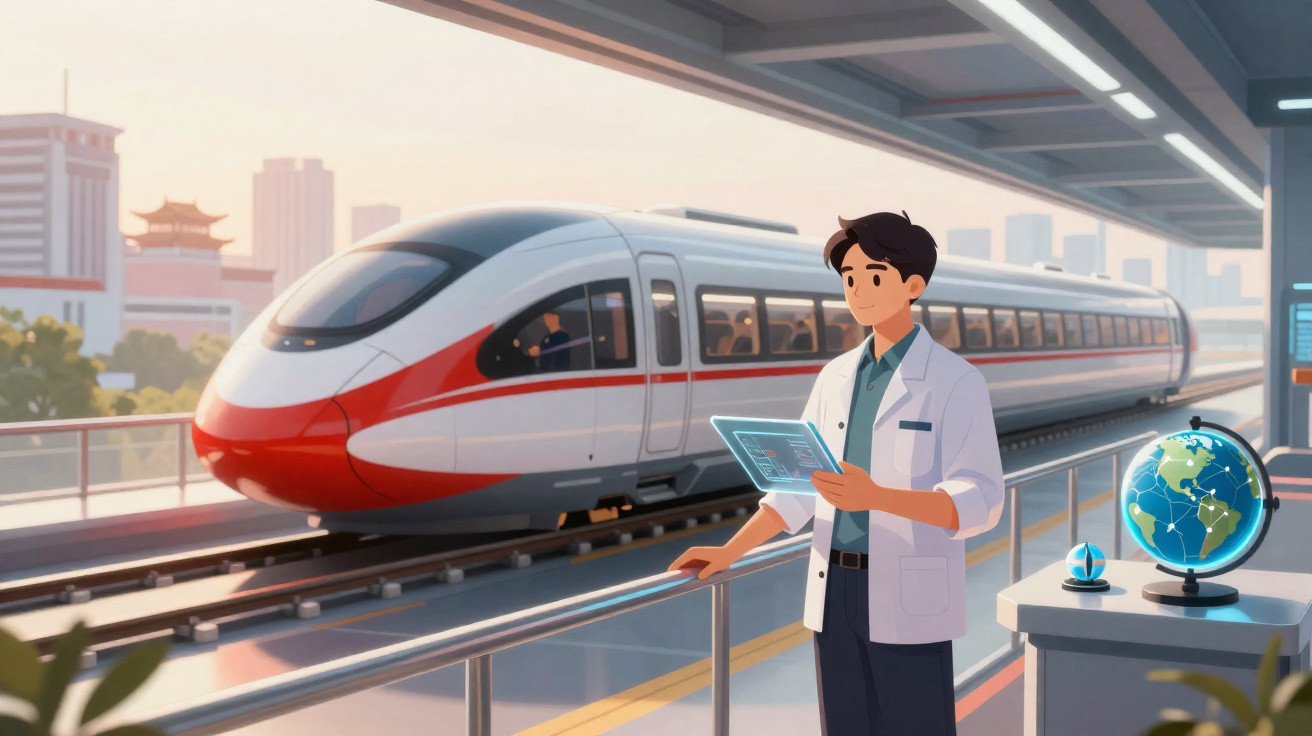 Homem com jaleco analisa dados em tablet na plataforma de estação de trem moderno de alta velocidade.