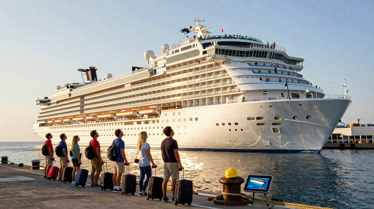 Grupo de pessoas com malas aguardando embarque em grande navio de cruzeiro no porto ao entardecer.