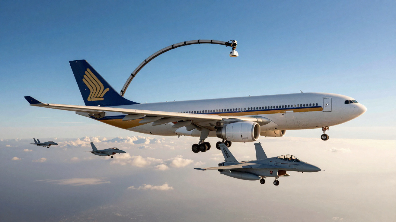 Avião comercial da Singapore Airlines voando acompanhado por quatro caças militares em céu claro.