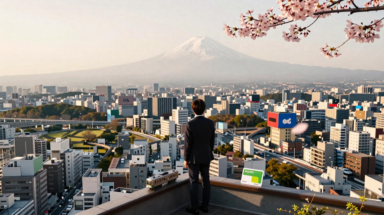 Homem de terno em telhado observa cidade japonesa com trem, montanha e flores de cerejeira ao fundo.