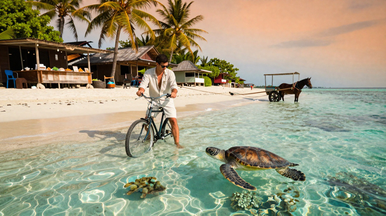 Homem de bicicleta na água rasa da praia observando tartaruga marinha com cabana e cavalo ao fundo.