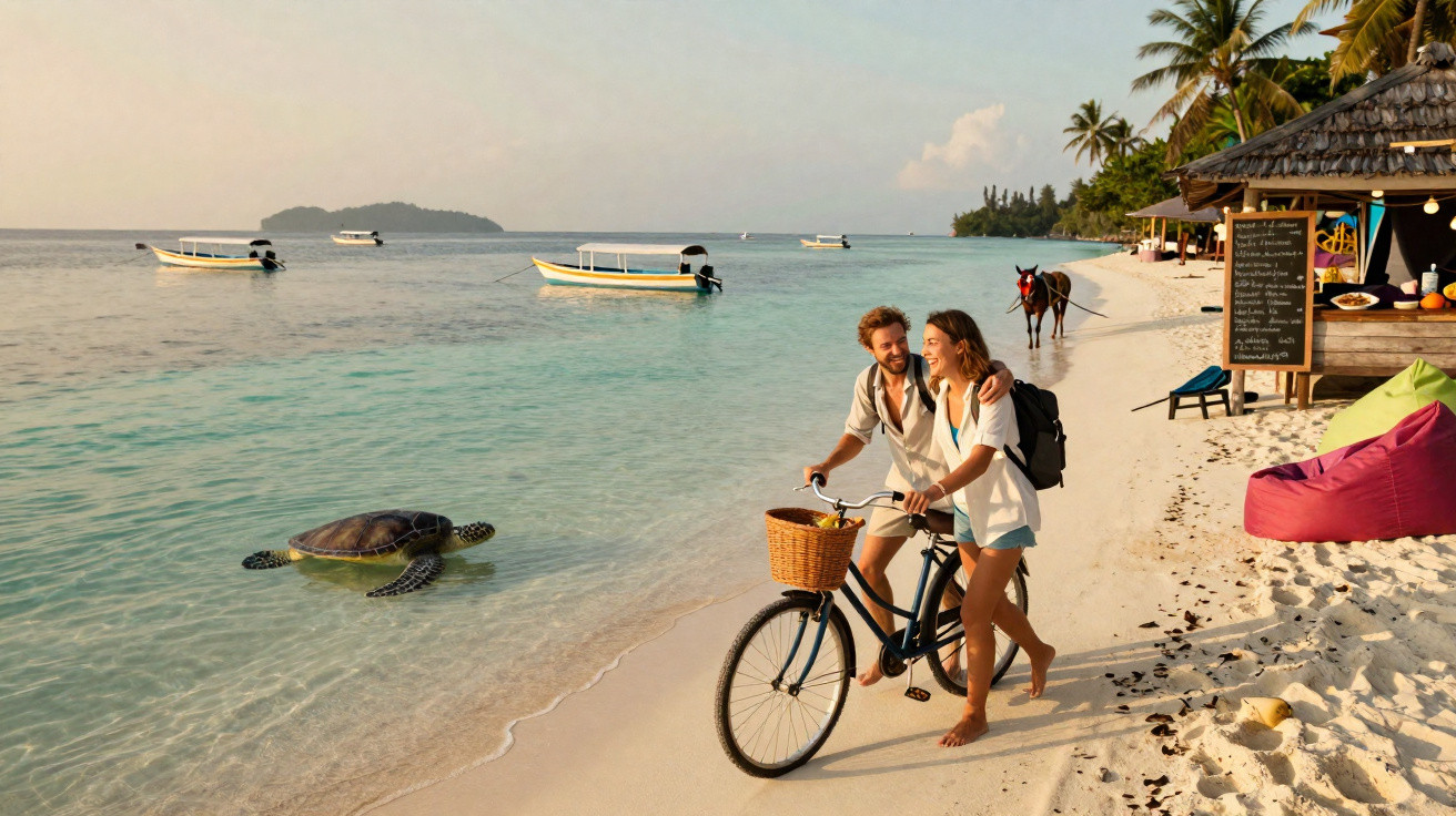 Casal andando de bicicleta na praia com tartaruga marinha no mar e barcos ao fundo.