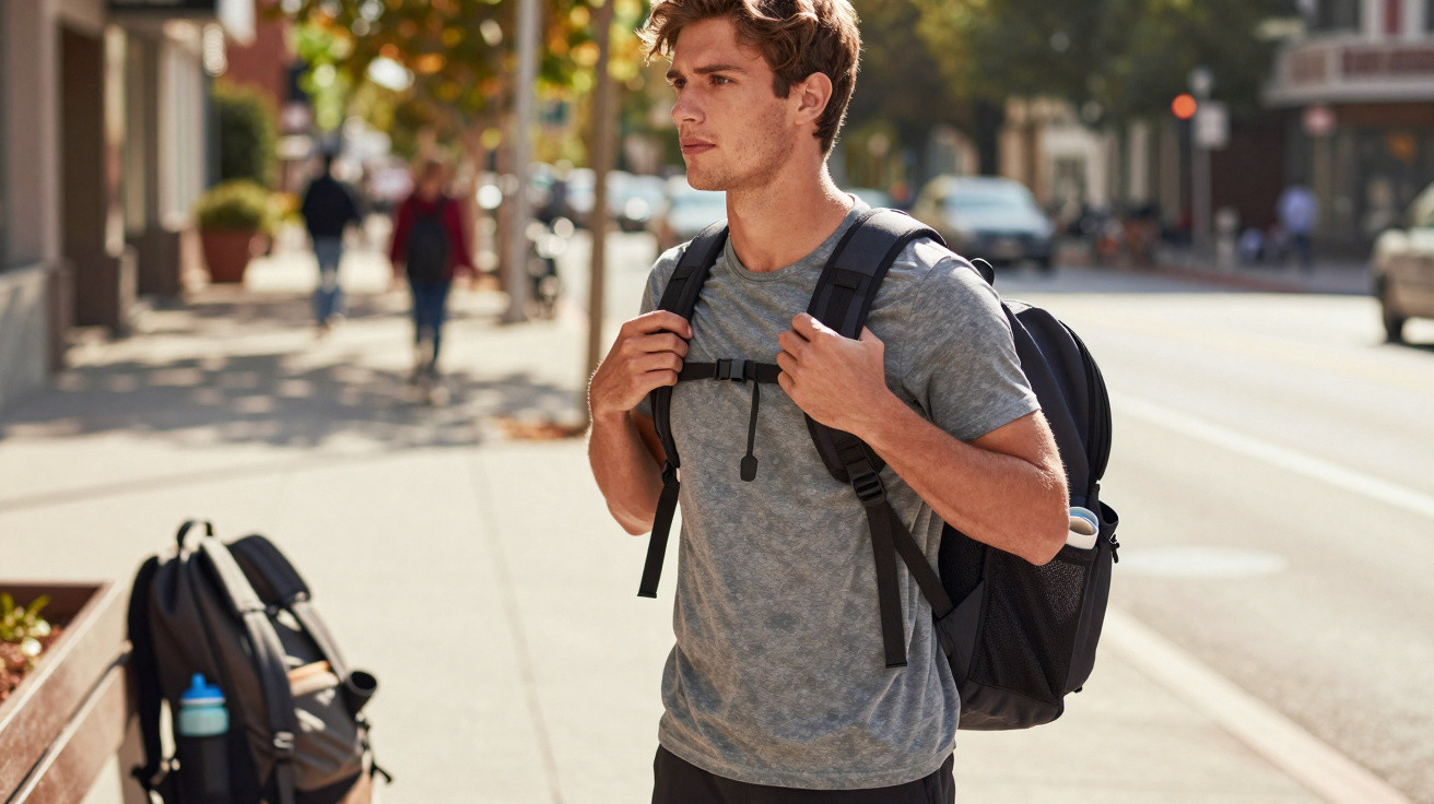 Jovem com mochila nas costas caminhando em calçada urbana ensolarada, com árvores e pessoas ao fundo.