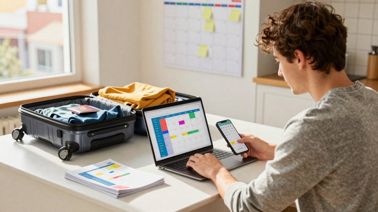 Homem organizando viagem com malas e calendário digital no laptop e celular em mesa branca.