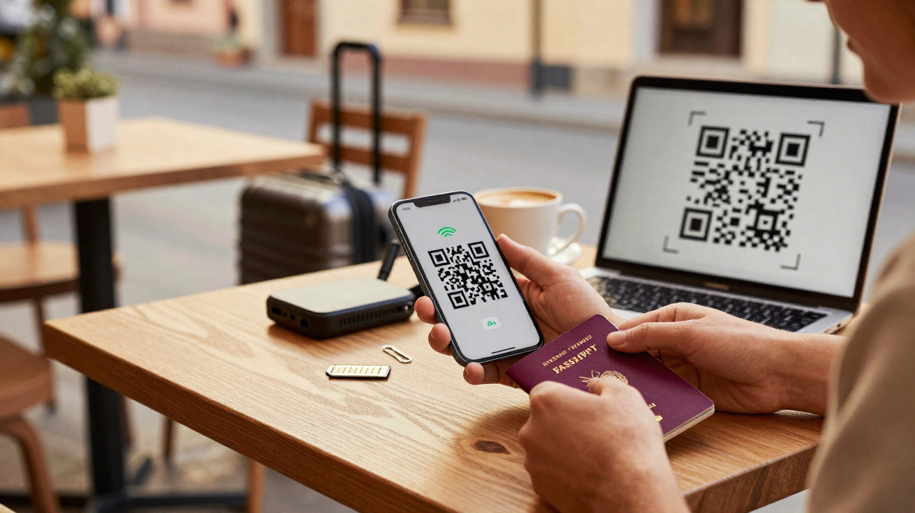 Pessoa segurando passaporte e celular com QR Code, laptop e mala ao fundo em mesa de café ao ar livre.