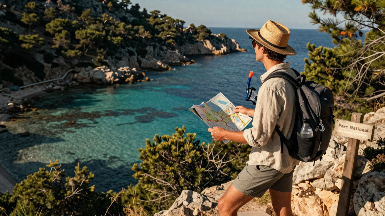 Homem com chapéu e mochila observa mapa em trilha com vista para baía e mar azul cristalino.