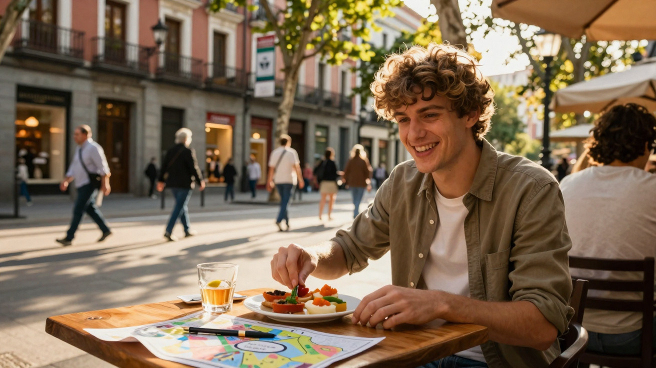 Jovem sorridente sentado em café ao ar livre, com comida e mapa colorido na mesa.